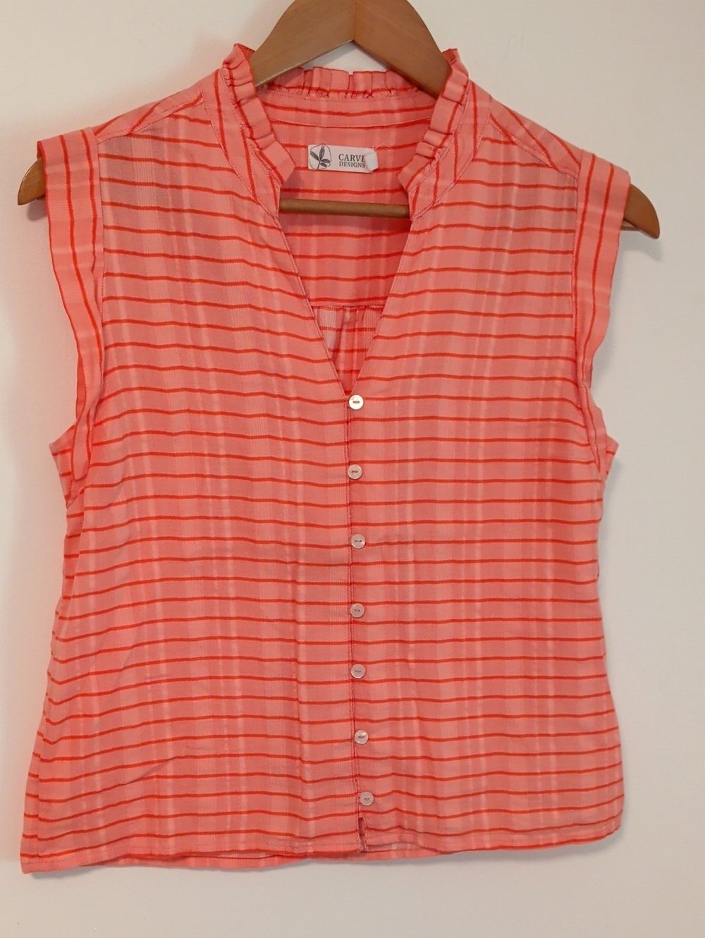 Carve Designs Coral Pink Striped Sleeveless Button Front Blouse